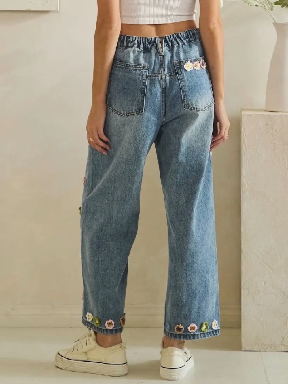 Oli & Hali Blue Denim Jeans with Multicolor Floral Embroidery - Picture 2 of 3